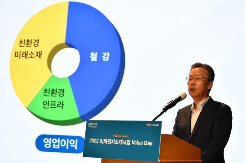 전중선 포스코홀딩스 경영전략팀장(사장)이 5일 열린 2022 이차전지소재사업 밸류데이 행사에서 환영사를 하고 있다. /사진=포스코그룹