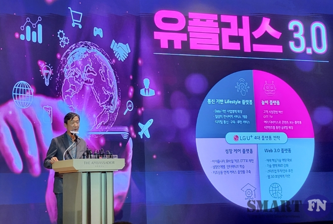 15일 서울 앰배서더 풀만 호텔에서 진행된 'LG유플러스 CEO 기자간담회'에서 황현식 LG유플러스 CEO가 자사 '4대 플랫폼' 전략에 대해 소개하고 있다. /사진=황성완 기자