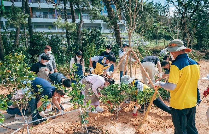 20일 전북 군산 국립신시도자연휴양림 인근 몽돌해변에서 현대차 임직원들이 국립자연휴양림관리소, 트리플래닛 임직원 및 지역 초등학생들과 함께 나무를 심고 있는 모습